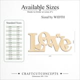 Size reference chart for LOVE HEART ACCENT SCRIPT