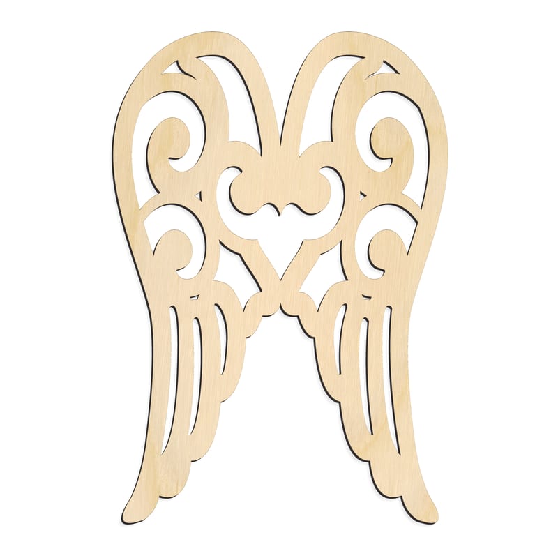 Laser-cut baltic birch silhouette of ANGEL WINGS ORNATE SCROLLWORK