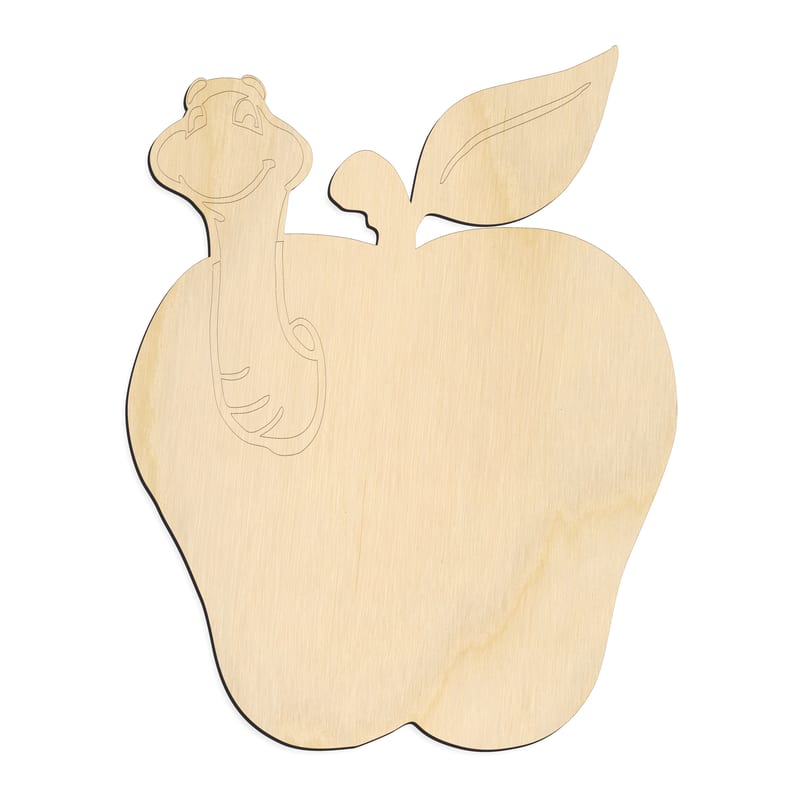 Laser-cut baltic birch silhouette of Apple with Worm