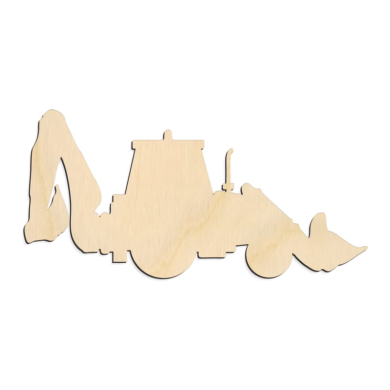 Laser-cut baltic birch silhouette of BACK HOE EXTENDED BOOM