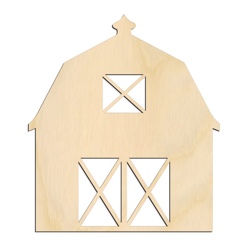 Laser-cut baltic birch silhouette of BARN WITH DOORS