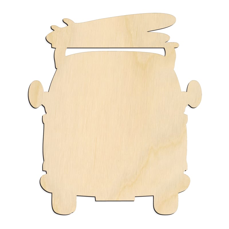 Laser-cut baltic birch silhouette of BEACH BUS WITH BOARD