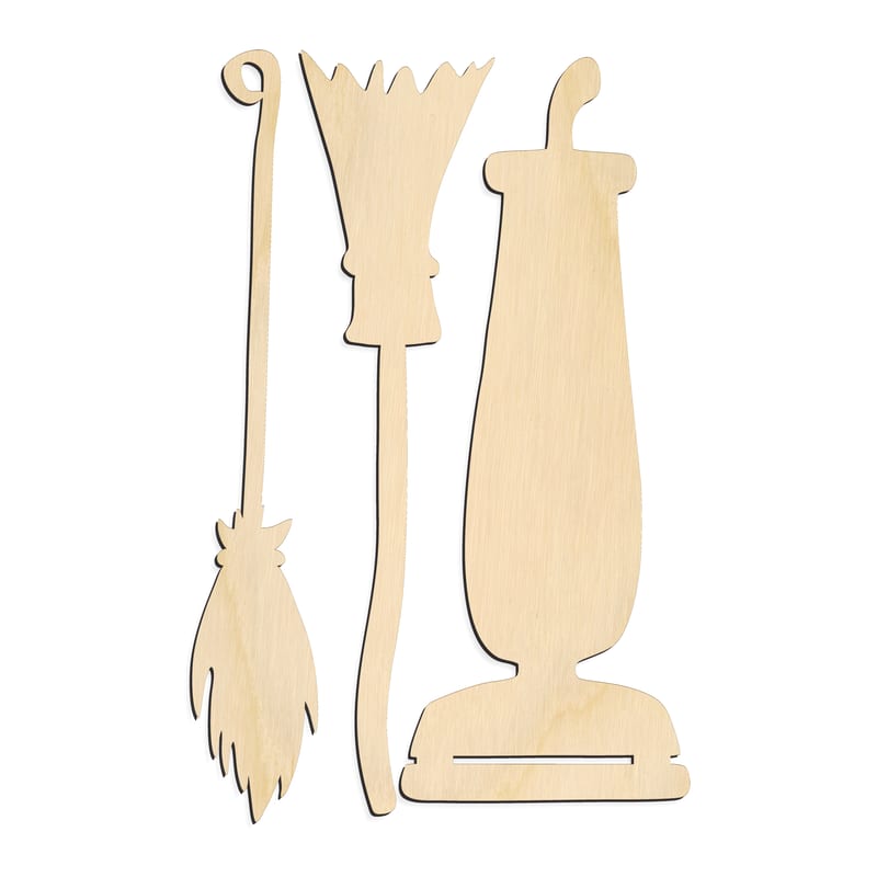 Laser-cut baltic birch silhouette of BROOM MOP VACUUM