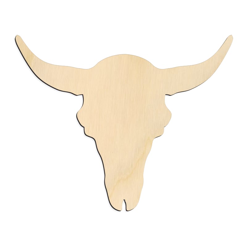 Laser-cut baltic birch silhouette of Cattle Skull with Broad Horns