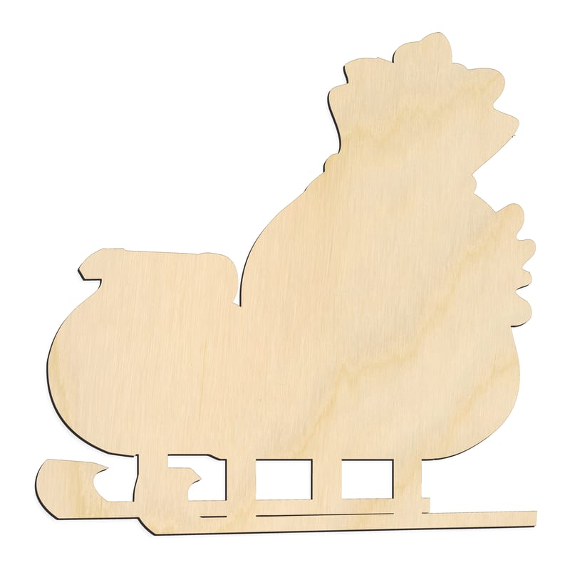 Laser-cut baltic birch silhouette of CHRISTMAS SLEIGH WITH BAG OF GIFTS