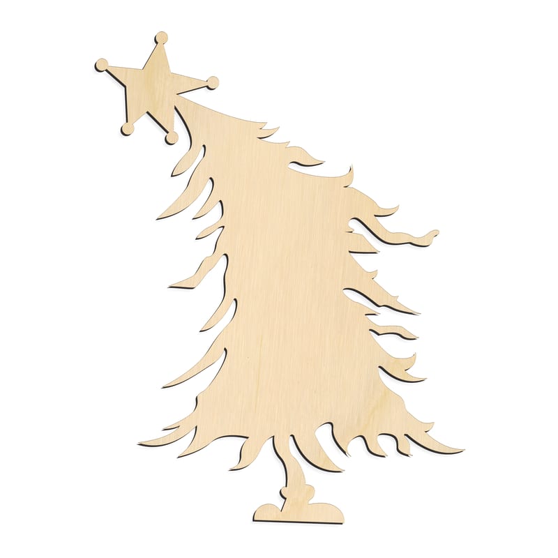 Laser-cut baltic birch silhouette of CHRISTMAS TREE LEANING STAR TOPPER