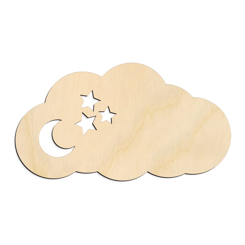 Laser-cut baltic birch silhouette of CLOUD WITH MOON AND STARS