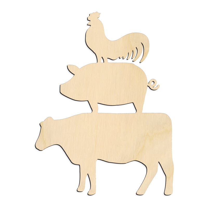 Laser-cut baltic birch silhouette of COW PIG SHEEP
