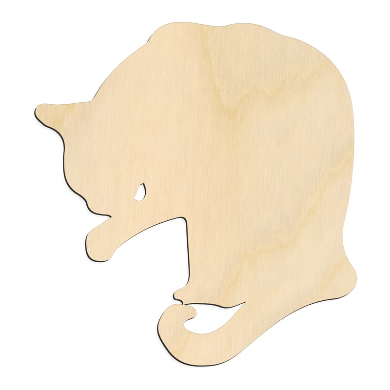 Laser-cut baltic birch silhouette of CROUCHING LICKING PAW CAT