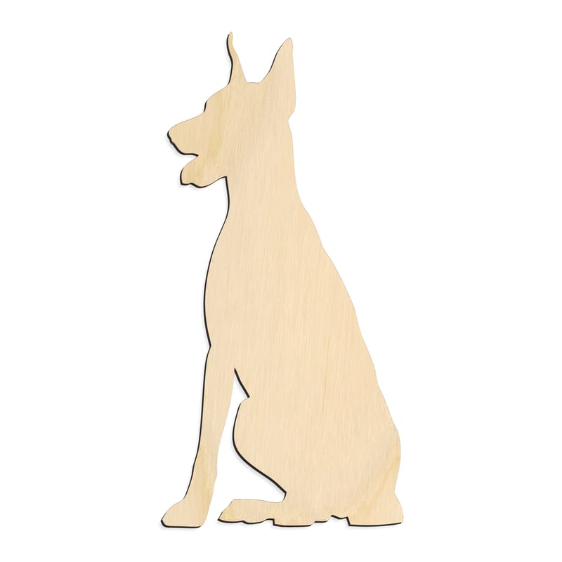 Laser-cut baltic birch silhouette of SITTING DOBERMAN