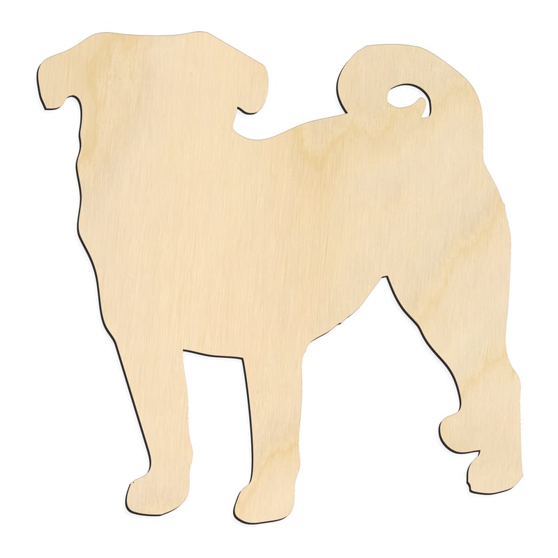 Laser-cut baltic birch silhouette of ALERT STANDING DOG PUG