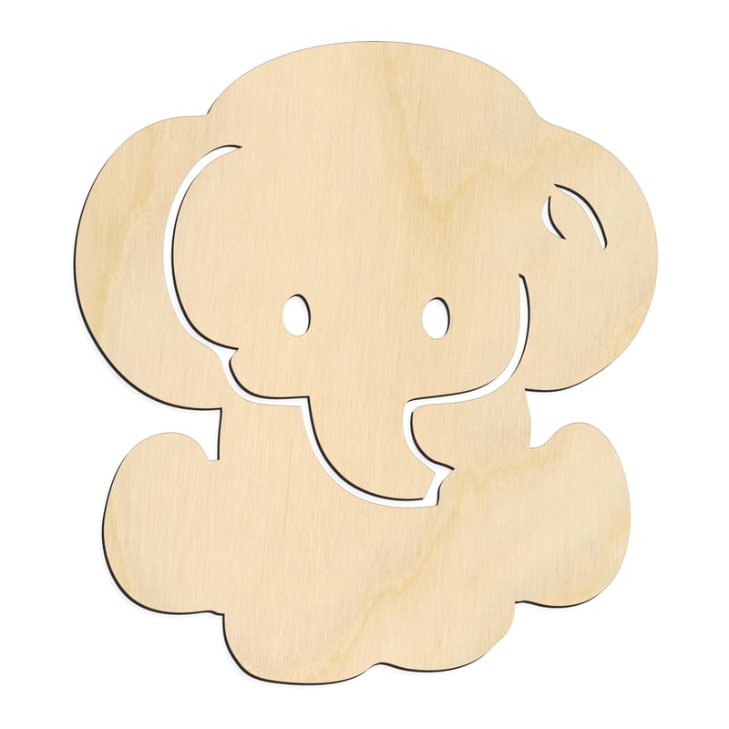 Laser-cut baltic birch silhouette of DETAILED CARTOON ELEPHANT FACE