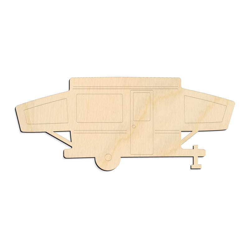 Laser-cut baltic birch silhouette of ENGRAVED POPUP CAMPER