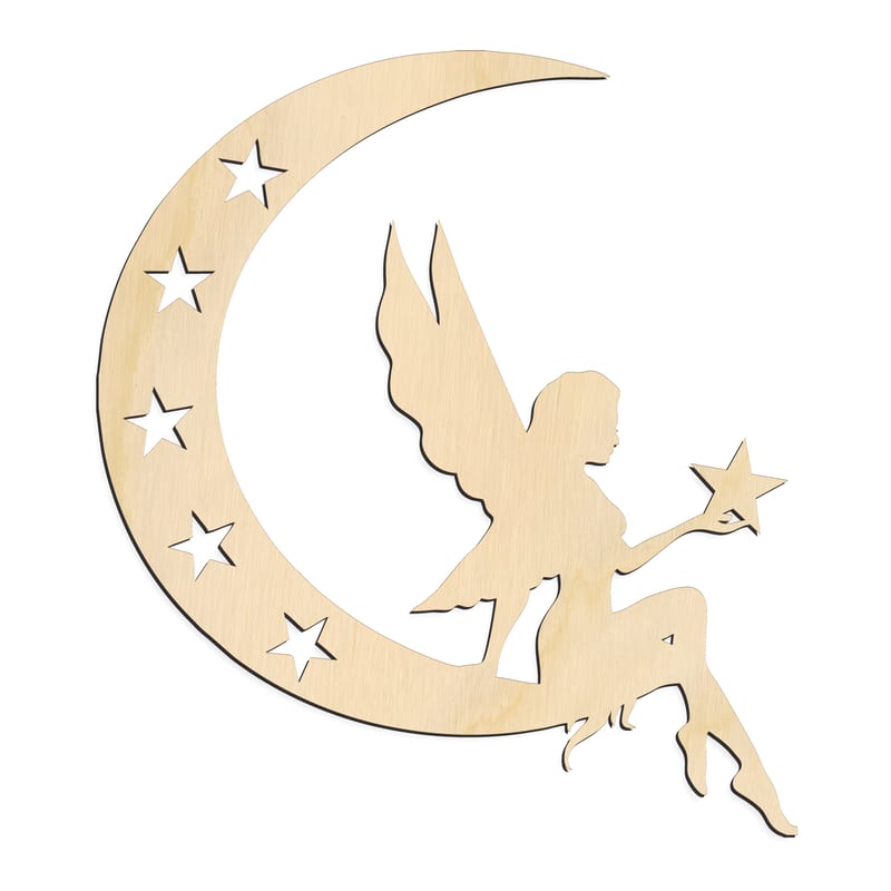 Laser-cut baltic birch silhouette of FAIRY ON CRESCENT MOON