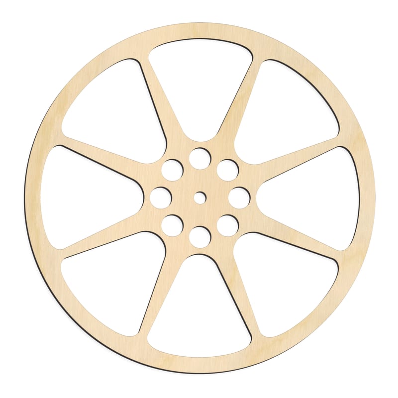 Laser-cut baltic birch silhouette of FILM REEL EIGHT SPOKE