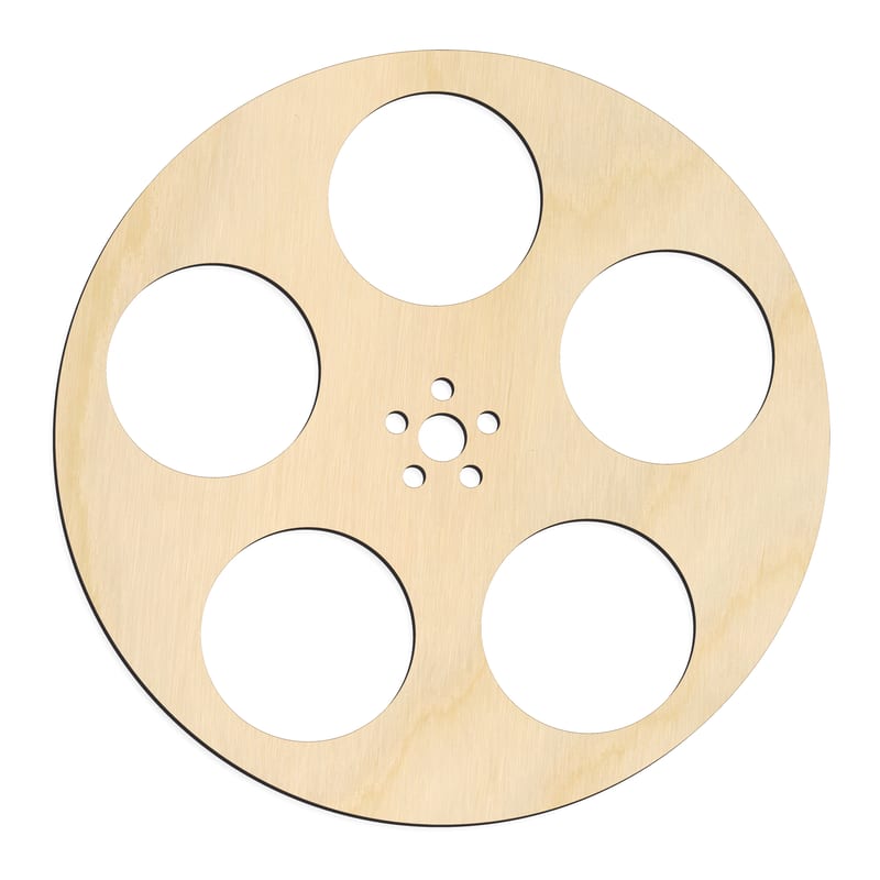 Laser-cut baltic birch silhouette of FILM REEL FIVE SPOKE