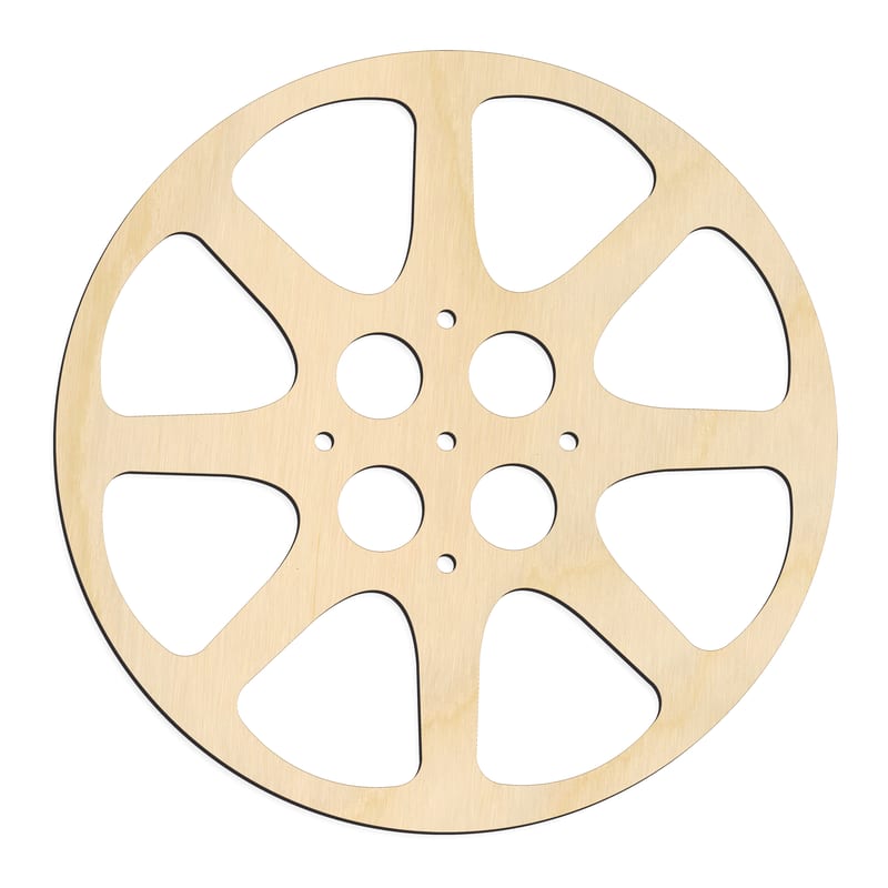 Laser-cut baltic birch silhouette of FILM REEL SIX SPOKE