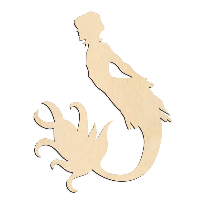 Laser-cut baltic birch silhouette of FLOWING HAIR SEATED MERMAID