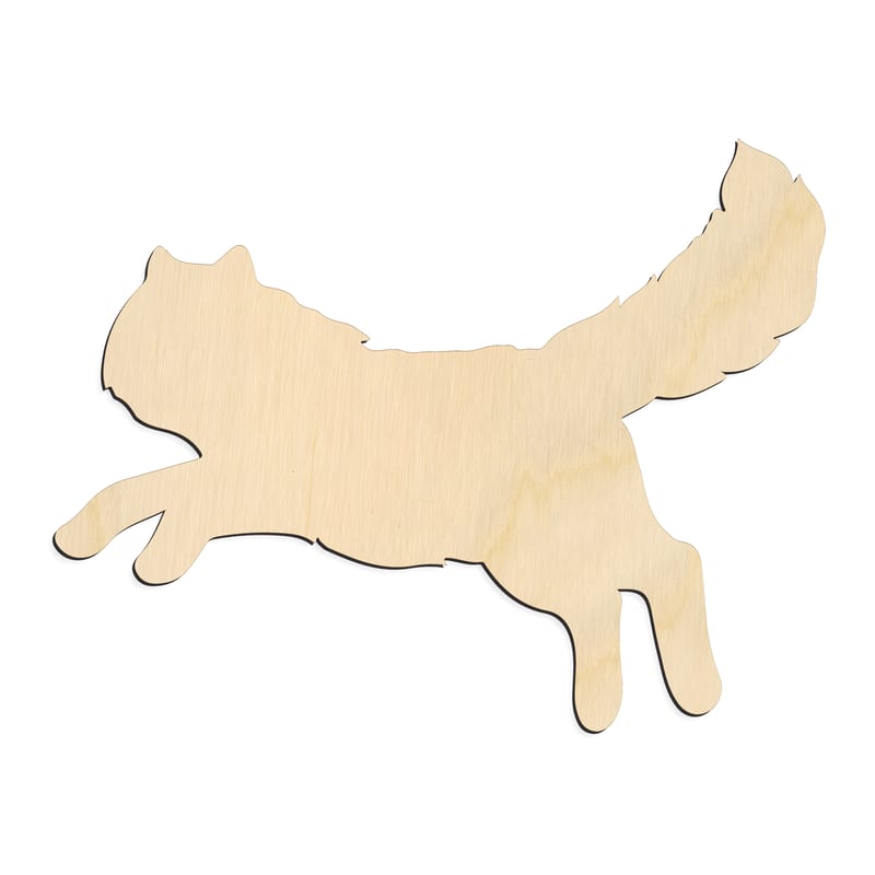 Laser-cut baltic birch silhouette of FLUFFY TAIL LEAPING CAT