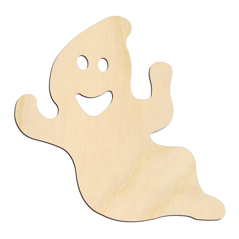 Laser-cut baltic birch silhouette of GHOST HAPPY WAVING