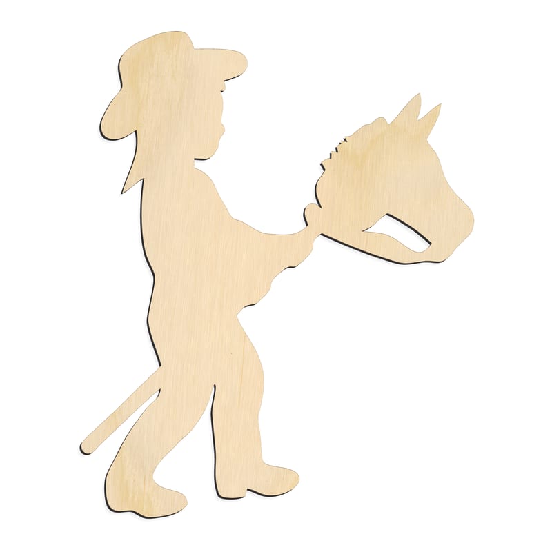 Laser-cut baltic birch silhouette of GIRL RIDING TOY HORSE