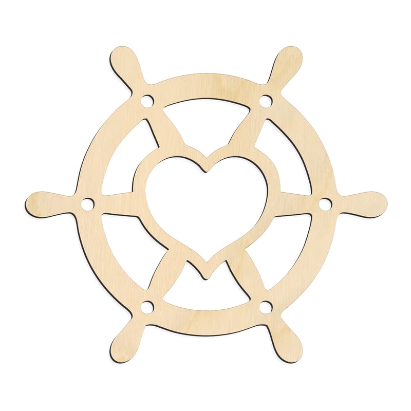 Laser-cut baltic birch silhouette of HEART SHIP WHEEL