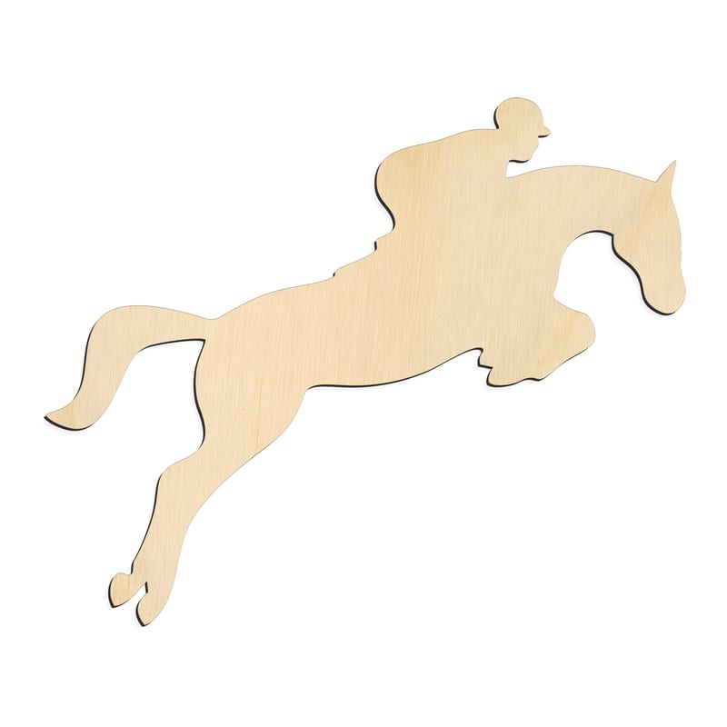 Laser-cut baltic birch silhouette of JUMPING HORSE AND RIDER