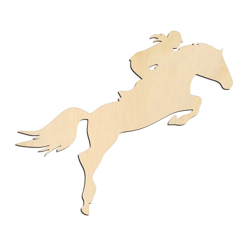 Laser-cut baltic birch silhouette of JUMPING RIDER HORSE