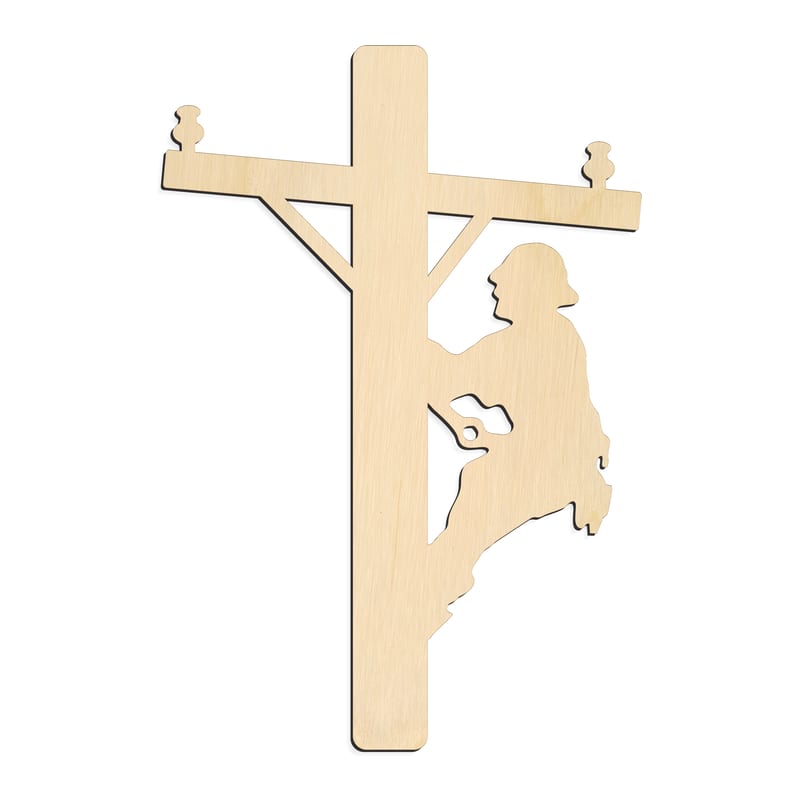 Laser-cut baltic birch silhouette of Lineman on Power Pole