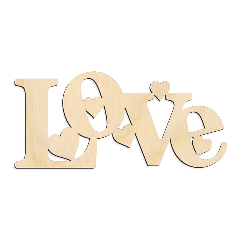 Laser-cut baltic birch silhouette of LOVE HEART ACCENT SCRIPT