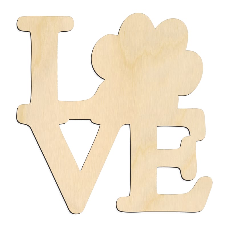 Laser-cut baltic birch silhouette of LOVE PAW PRINT SCRIPT
