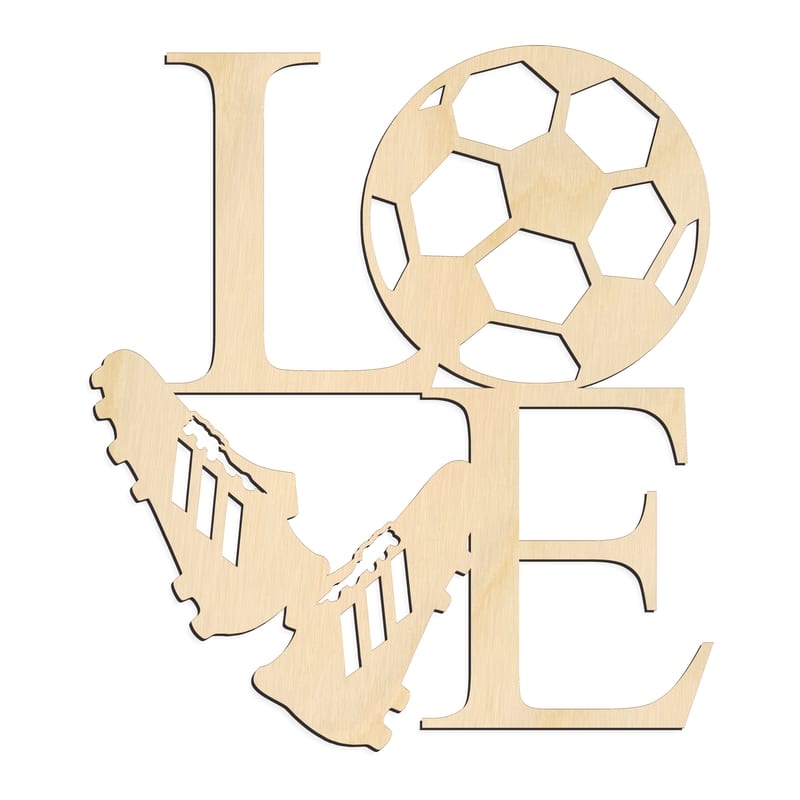 Laser-cut baltic birch silhouette of LOVE SOCCER