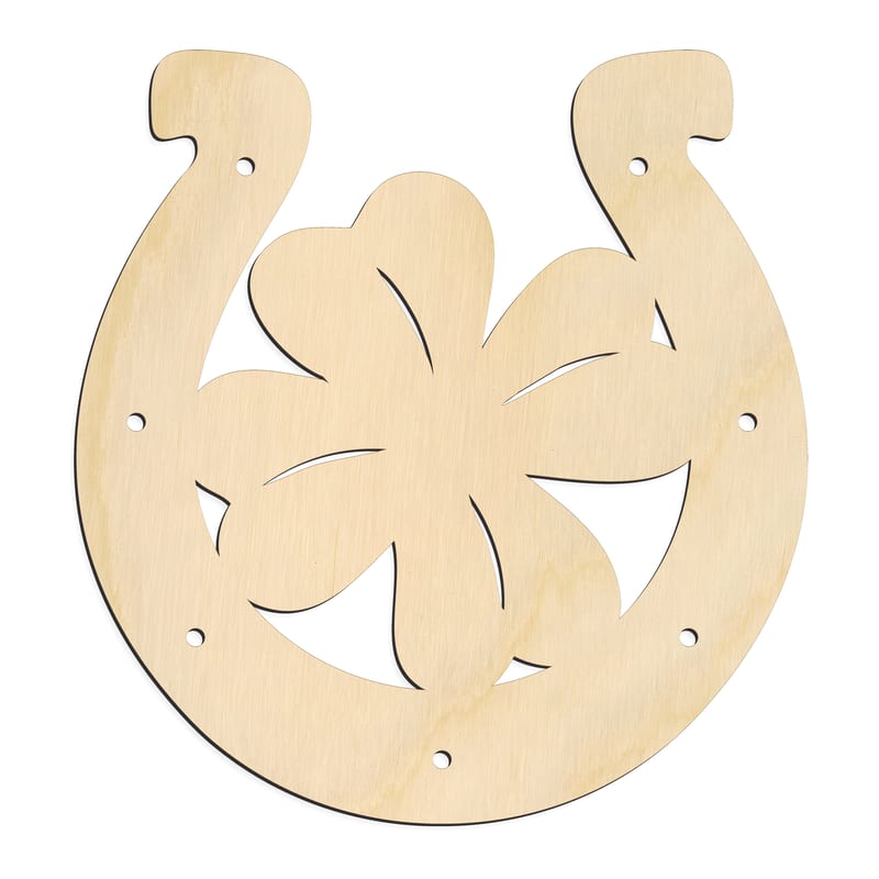 Laser-cut baltic birch silhouette of LUCKY CLOVER HORSESHOE