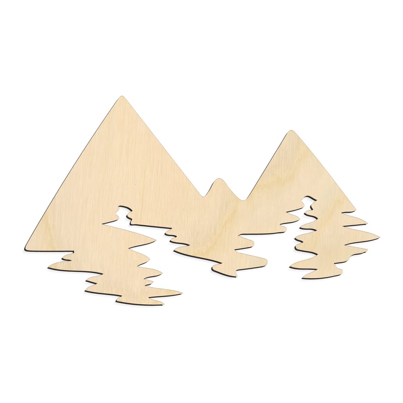 Laser-cut baltic birch silhouette of MOUNTAIN PEAKS RIVER BASE