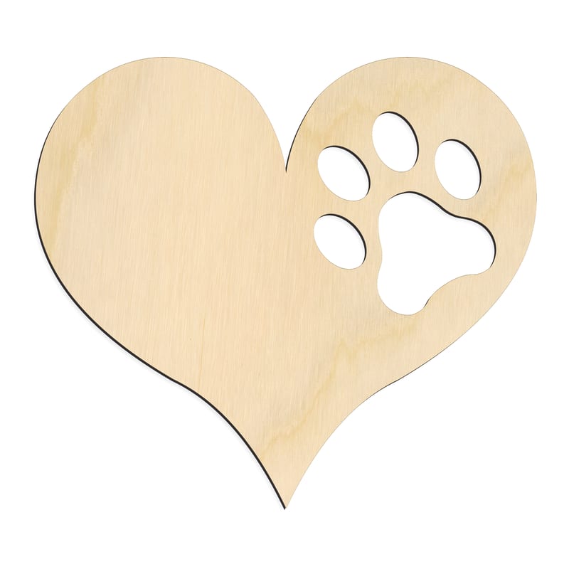 Laser-cut baltic birch silhouette of PAW PRINT HEART