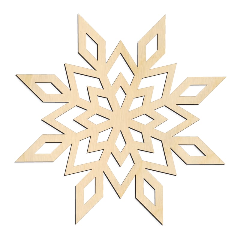 Laser-cut baltic birch silhouette of POINTED TIP SNOWFLAKE