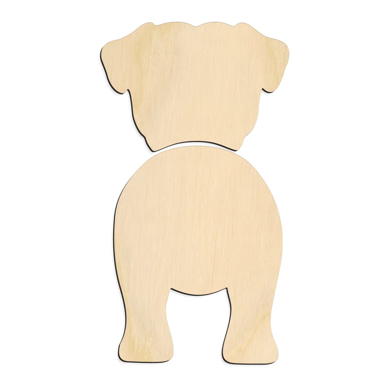 Laser-cut baltic birch silhouette of PUG TWO PIECE BACK VIEW