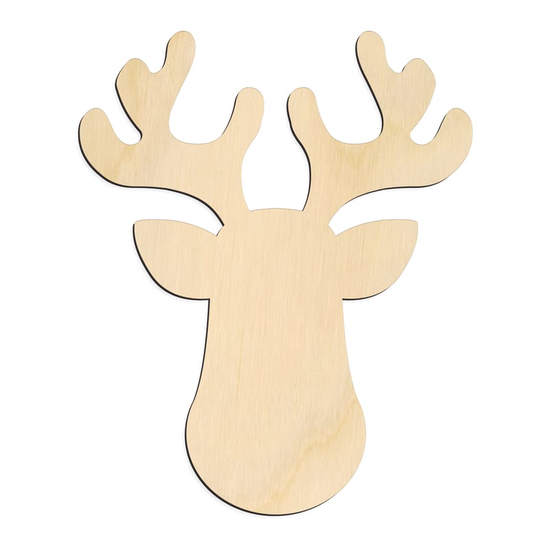 Laser-cut baltic birch silhouette of REINDEER HEAD FRONT ROUNDED ANTLERS