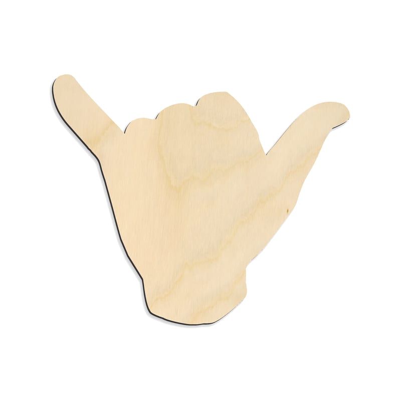 Laser-cut baltic birch silhouette of SIGN LANGUAGE SHAKA HAND