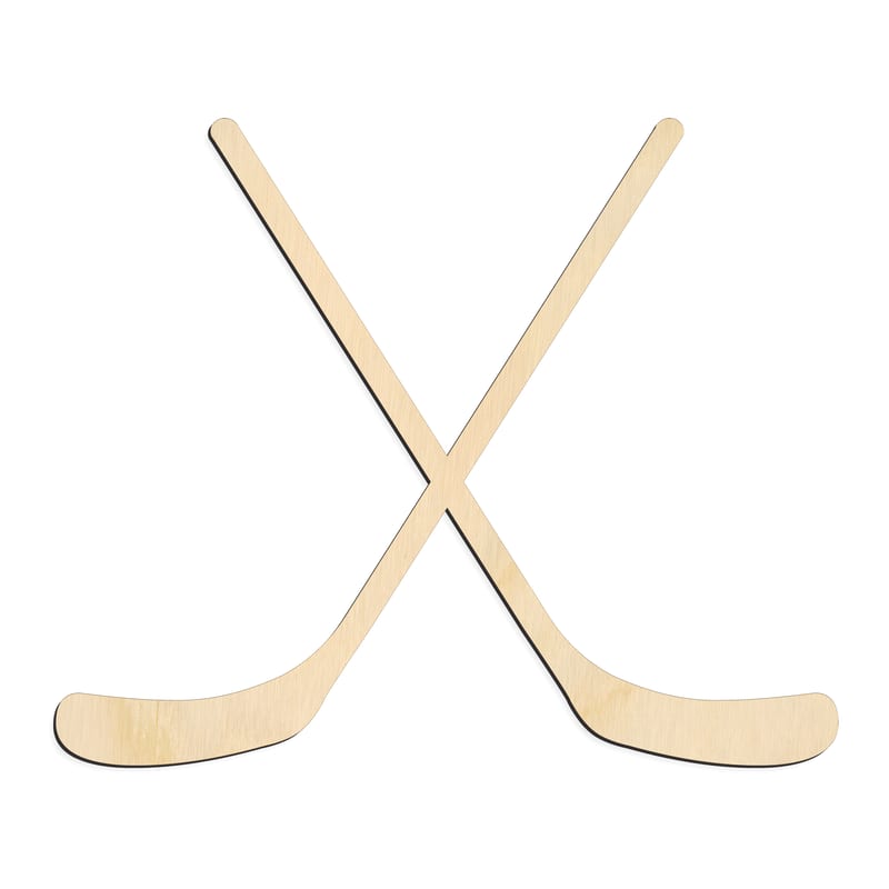 Laser-cut baltic birch silhouette of SPORTS CURVED CROSSED HOCKEY STICKS