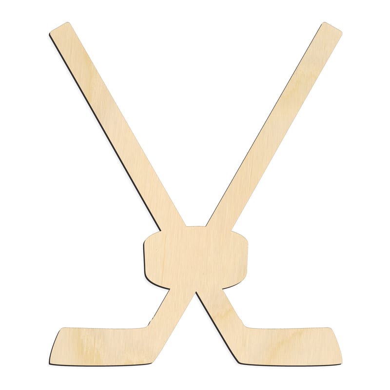 Laser-cut baltic birch silhouette of SPORTS HOCKEY PUCK WITH CROSSED STICKS