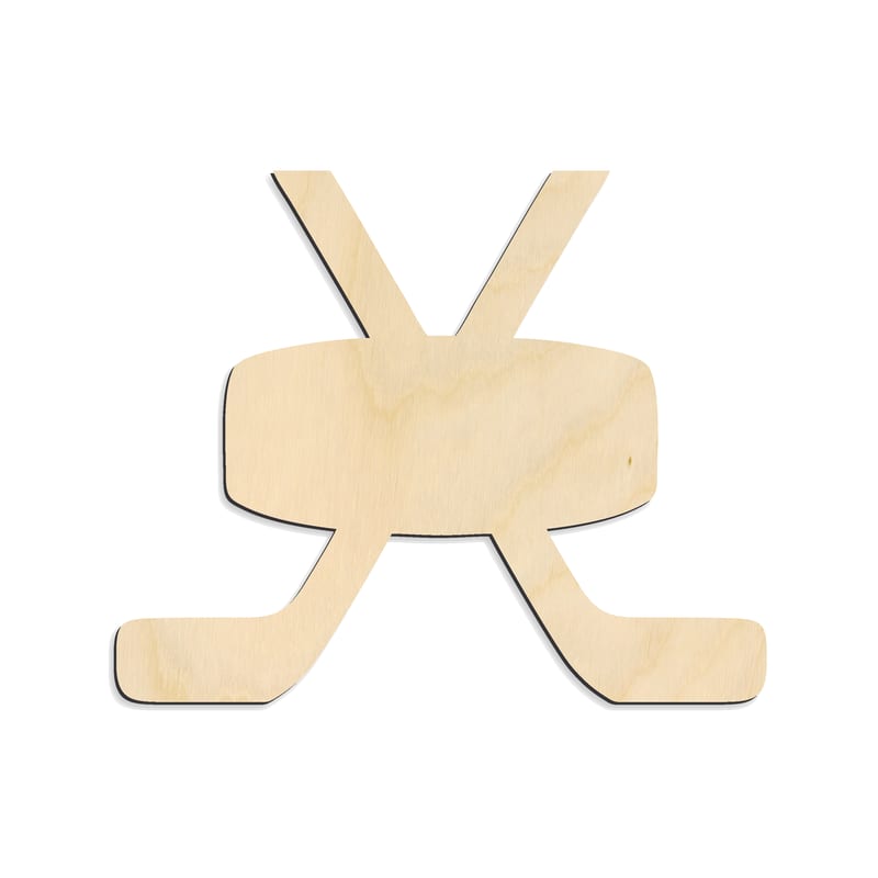 Laser-cut baltic birch silhouette of Hockey Puck with Crossed Sticks