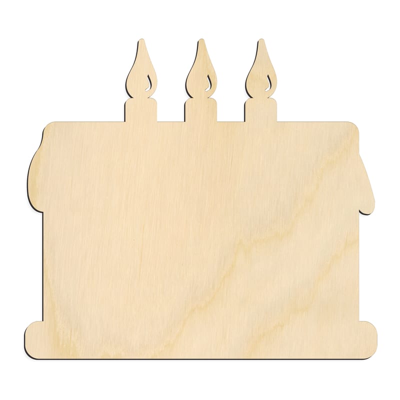 Laser-cut baltic birch silhouette of THREE CANDLE CAKE