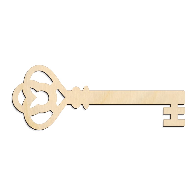 Laser-cut baltic birch silhouette of TREFOIL BOW SKELETON KEY