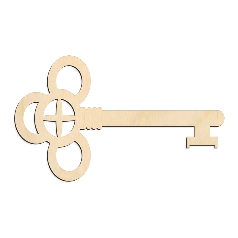 Laser-cut baltic birch silhouette of TREIPLE LOOP SKELETON KEY