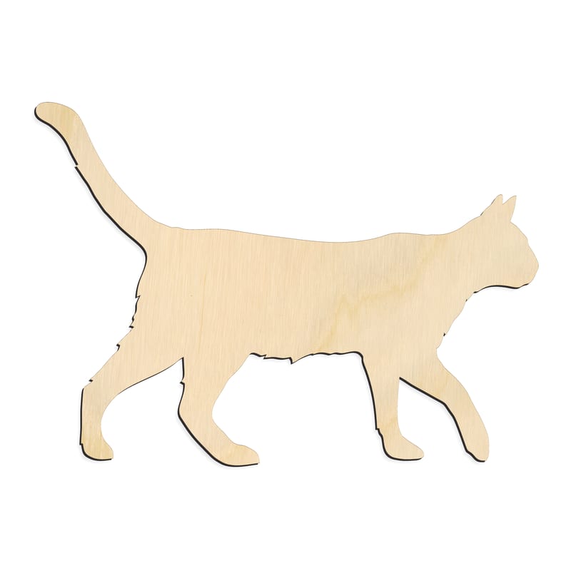 Laser-cut baltic birch silhouette of WALKING CAT TAIL UP