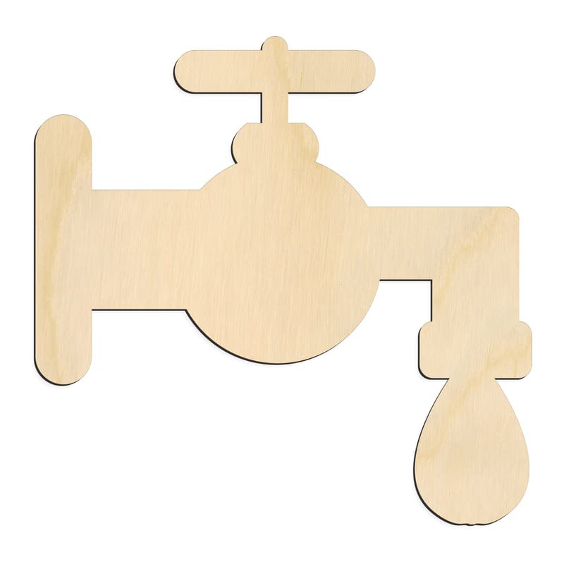 Laser-cut baltic birch silhouette of Water Faucet with Drip