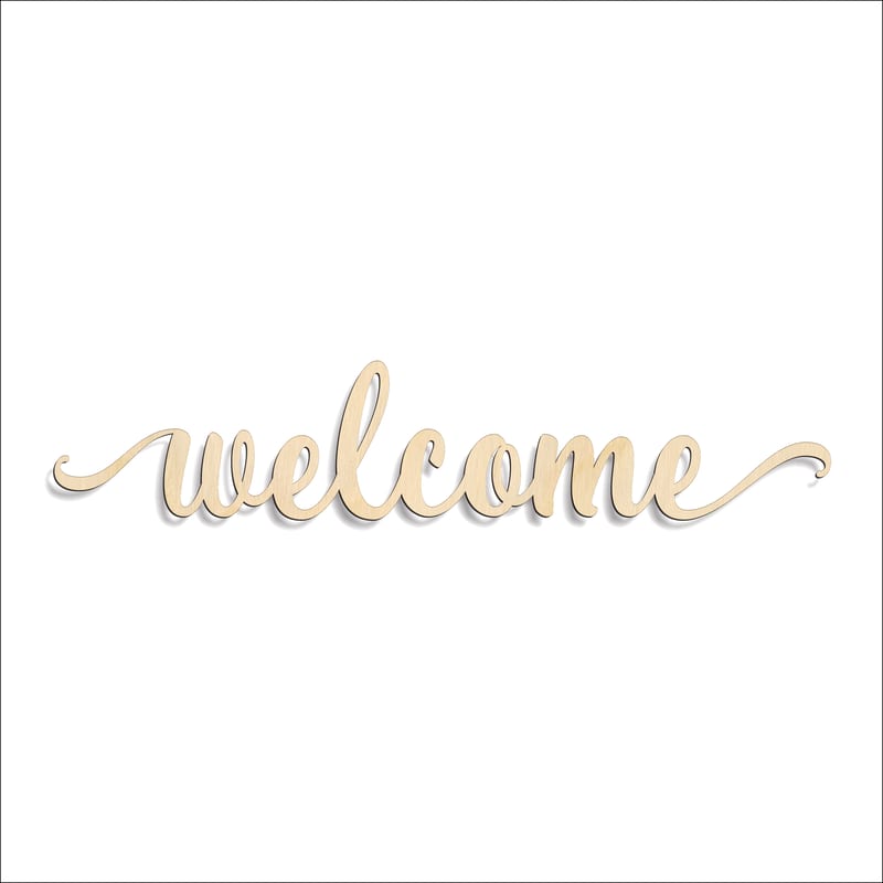 Laser-cut baltic birch silhouette of WELCOME SCRIPT