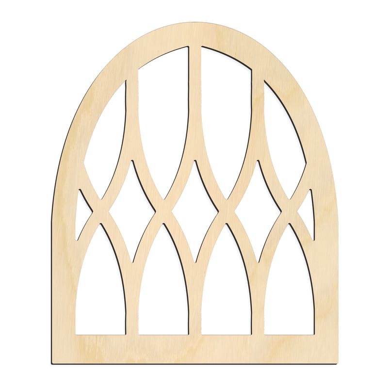 Laser-cut baltic birch silhouette of Gothic Arch Window